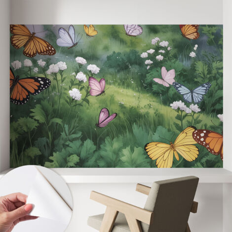 Fototapete Selbstklebend - Büro Wandgestaltung - Wanddekoration Wohnzimmer Schmetterlinge auf der Wiese 104x70 cm (1/5)