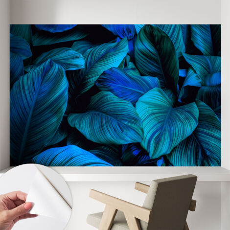 Tapete Selbstklebend - abwaschbar - Tapete mit Motiv - trendige Wanddeko - elegant Fototapete  Blaue Blätter 104x70 cm (1/5)
