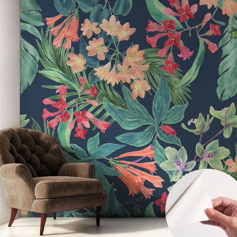 Selbstklebende Tapete modern Wohnzimmer - Wanddeko Schlafzimmer - Tapete mit Motiv Tropische Blumen 250x250 cm