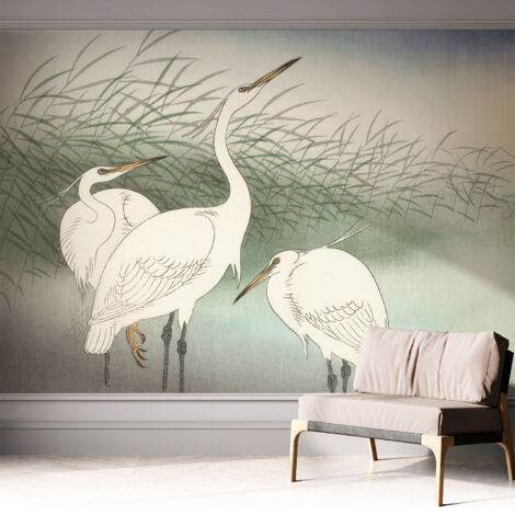 Selbstklebend Tapete modern Wohnzimmer - Wanddekoration - einfach anzubringen Reiher im Gras 312x219 cm (1/5)