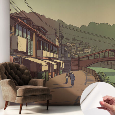 Selbstklebend Tapete - Wandgestaltung - Tapete Wohnzimmer - Flur Eingangsbereich Pastellfarbene Landschaft 250x250 cm
