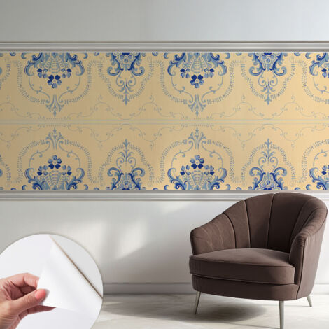 Tapete Selbstklebend - abwaschbar - Tapete mit Motiv - trendige Wanddeko - elegant Fototapete Blaue Ornamente 250x104 cm (1/5)