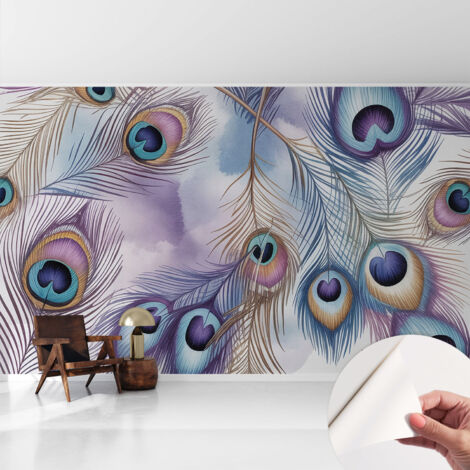 Selbstklebende Tapete modern Wohnzimmer - Wanddeko Schlafzimmer - Tapete mit Motiv Pfauenfedern 416x254 cm (1/5)