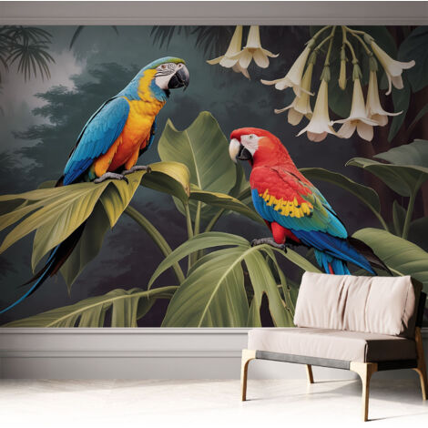 Selbstklebende Tapete modern Wohnzimmer - Wanddeko Schlafzimmer - Tapete mit Motiv Bunte Papageien 312x219 cm (1/5)