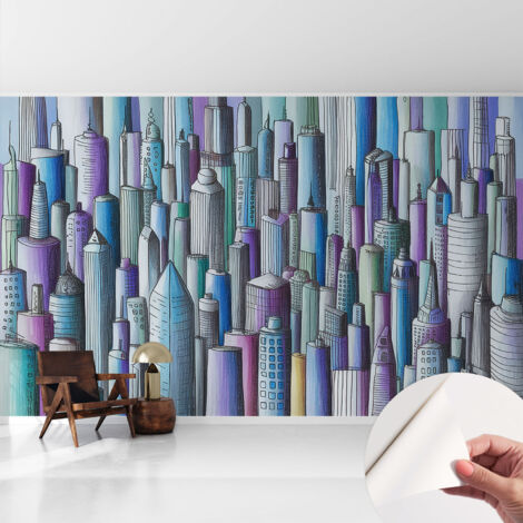 Selbstklebende Tapete modern Wohnzimmer - Wanddeko Schlafzimmer - Tapete mit Motiv Stadthochhäuser 416x254 cm (1/5)