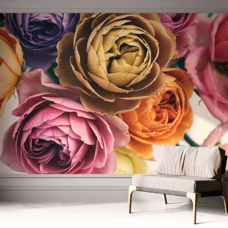 Selbstklebend Tapete - abwaschbar - Raumgestaltung Schlafzimmer Wohnzimmer Tapete Bunte Rosen 312x219 cm (1/5)