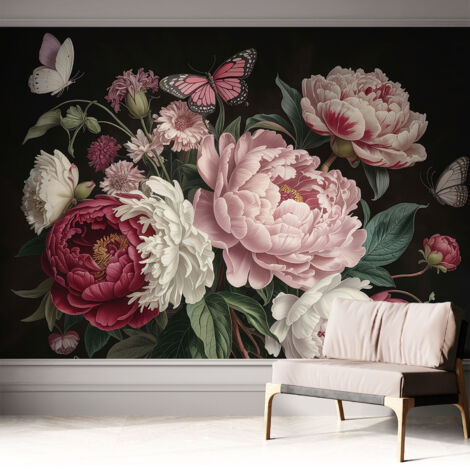 Selbstklebend Tapete modern Wohnzimmer - Wanddekoration - einfach anzubringen Pfingstrosen und Schmetterlinge 312x219 cm (1/5)