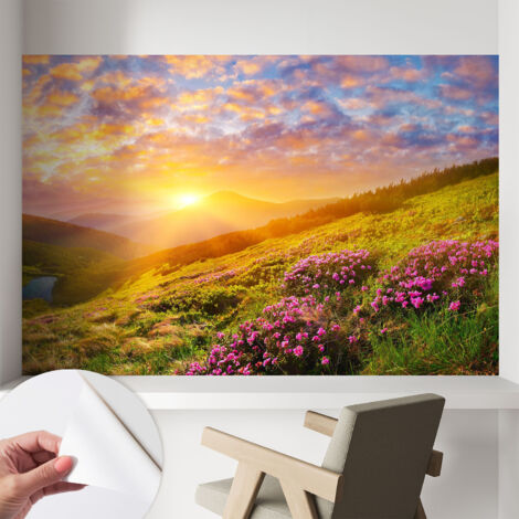 Selbstklebende Tapete - Wanddekoration Wohnzimmer - Tapete Schlafzimmer Sonnenuntergang in den Bergen 104x70 cm (1/5)