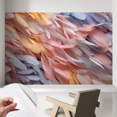 Selbstklebende Tapete - Wanddekoration Wohnzimmer - Tapete Schlafzimmer Pastellfarbene Federn 104x70 cm (1/5)
