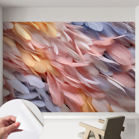 Tapete Selbstklebend - abwaschbar - Tapete mit Motiv - trendige Wanddeko - elegant Fototapete Pastellfarbene Federn 152x104 cm (1/5)