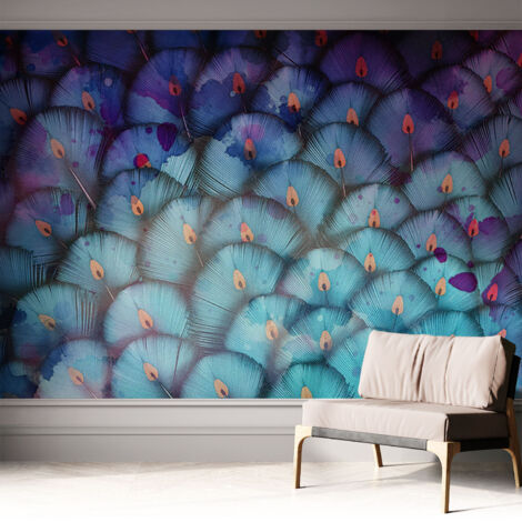 Selbstklebend Tapete modern - Wanddeko für Küche - Klebefolie Wand - luxus Look Bunte Federn 312x219 cm (1/5)