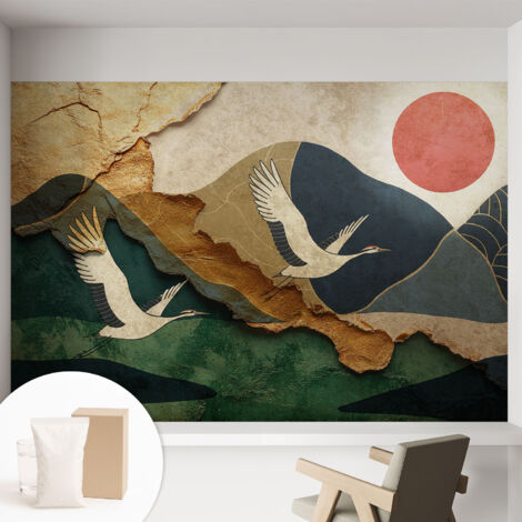 Tapete Vliestapete mit Kleber - abwaschbar - Tapete mit Motiv - trendige Wanddeko - elegant Fototapete Kraniche im Osten 152x104 cm