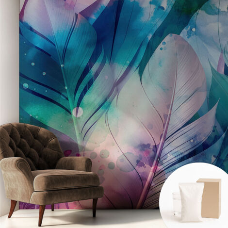 Tapete Vliestapete mit Kleber Wandtapete modern - Tapete mit Motiv - Tapete Schlafzimmer Bunte Federn 250x250 cm (1/5)