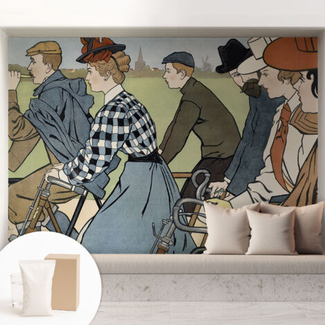 Tapete Vliestapete mit Kleber modern - Wanddeko für Küche - Klebefolie Wand - luxus Look Vintage-Radfahrer 208x146 cm (1/5)