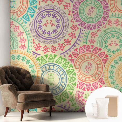 Tapete Vliestapete mit Kleber modern Wohnzimmer - Wanddeko Schlafzimmer - Tapete mit Motiv Bunte Mandalas 250x250 cm (1/5)