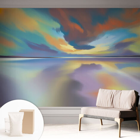Fototapete Tapete Vliestapete mit Kleber Büro Wandgestaltung - Wanddekoration Wohnzimmer Regenbogenfarbener Sonnenuntergang 312x219 cm (1/5)