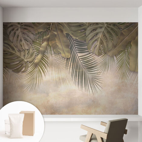 Fototapete Tapete Vliestapete mit Kleber - trendige Wanddeko - Schlafzimmer - Wohnzimmer Tropische Blätter 152x104 cm (1/5)