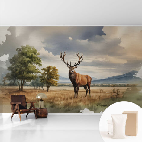Tapete Vliestapete mit Kleber - Wanddekoration Wohnzimmer - Tapete Schlafzimmer Majestätischer Hirsch 416x254 cm (1/5)
