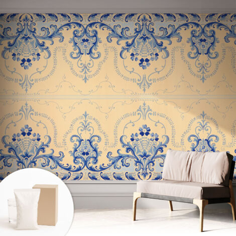 Fototapete Vliestapete mit Kleber - modern Wohnzimmer - Wanddekoration - einfach anzubringen Blaue Ornamente 312x219 cm (1/5)