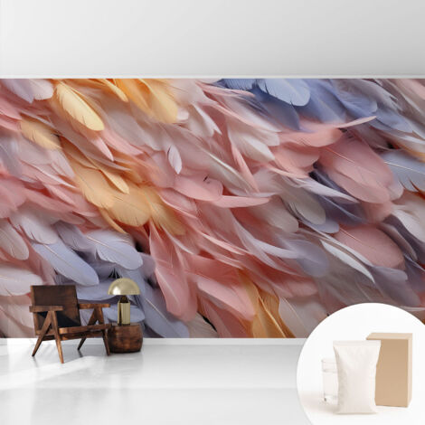 Tapete Vliestapete mit Kleber - Wanddekoration Wohnzimmer - Tapete Schlafzimmer Pastellfarbene Federn 416x254 cm (1/5)