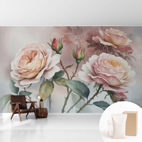 Fototapete Tapete Vliestapete mit Kleber - Wandtattoo - leicht anzubringen - Wandverkleidung Pastellfarbene Rosen 416x254 cm (1/5)