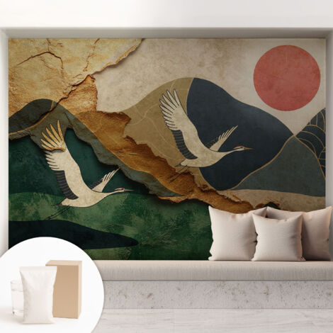 Fototapete Tapete Vliestapete mit Kleber - trendige Wanddeko - Schlafzimmer - Wohnzimmer Kraniche im Osten 208x146 cm