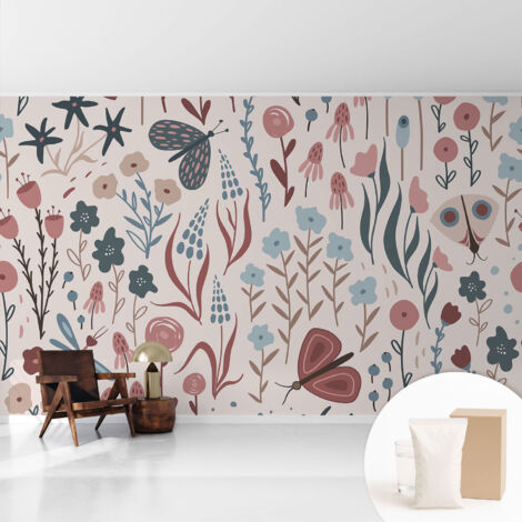 Tapete Tapete Vliestapete mit Kleber - Fototapete mit Motiv - Wandtapete modern - Wanddeko Blumen und Insekten 416x254 cm (1/5)