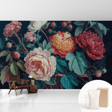 Tapete Vliestapete mit Kleber - Wanddekoration Wohnzimmer - Tapete Schlafzimmer Bunte Blumen 416x254 cm (1/5)