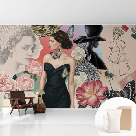 Tapete Vliestapete mit Kleber Wandtapete modern - Tapete mit Motiv - Tapete Schlafzimmer Blumen und Porträts 416x254 cm (1/5)