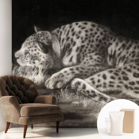 Tapete Vliestapete mit Kleber - Wandgestaltung - Tapete Wohnzimmer - Flur Eingangsbereich Ruhender Leopard 250x250 cm (1/5)