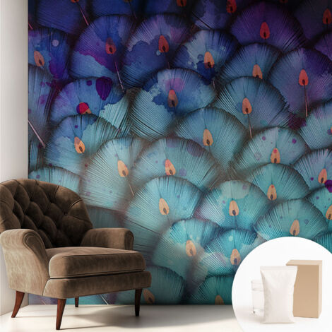Fototapete Tapete Vliestapete mit Kleber - trendige Wanddeko - Schlafzimmer - Wohnzimmer Bunte Federn 250x250 cm (1/5)