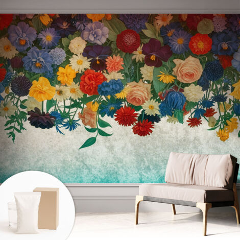 Tapete Vliestapete mit Kleber - Fototapete mit Motiv - Wandtapete modern - Wandgestaltung Bunte Blumen 312x219 cm (1/5)