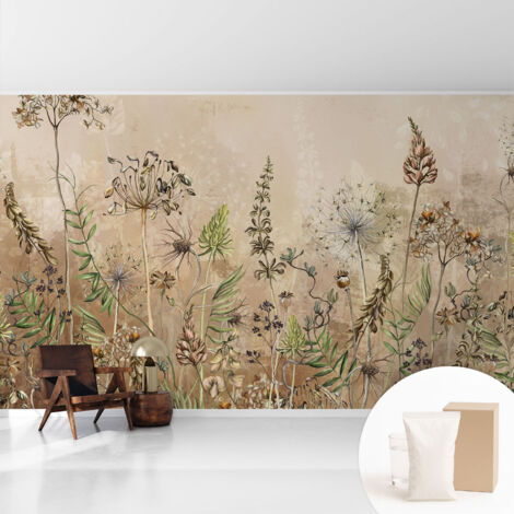 Tapete Vliestapete mit Kleber - abwaschbar - Arbeitszimmer - Esszimmer- Top Qualität Rustikale Blumen 416x254 cm (1/5)