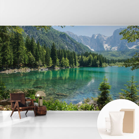 Tapete Vliestapete mit Kleber modern Wohnzimmer - Wanddeko Schlafzimmer - Tapete mit Motiv Grüner See 416x254 cm (1/5)