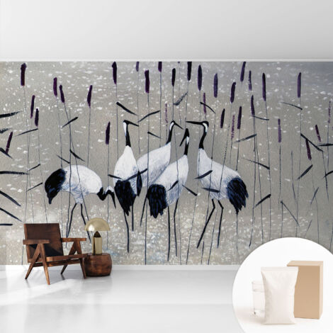 Tapete Vliestapete mit Kleber - Wanddekoration Wohnzimmer - Tapete Schlafzimmer Harmonische Kraniche 416x254 cm (1/5)