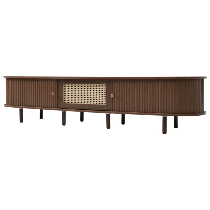 Meuble TV vintage moderne, finition noyer foncé, avec tissage en rotin Meuble TV vintage moderne, finition noyer foncé, avec tissage en rotin