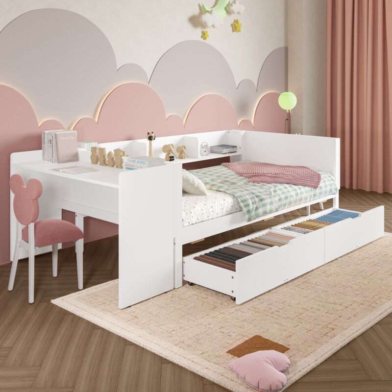 Lit superposé 90/140x200 cm en bois massif - avec escalier de rangement et 2 tiroirs - Blanc