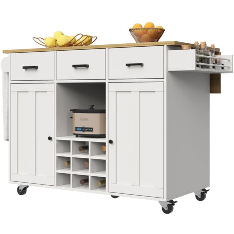 Desserte cuisine îlot central chariot blanc plateau bois - Porte-serviettes épices cloisons réglables - Mobile pratique (1/5)