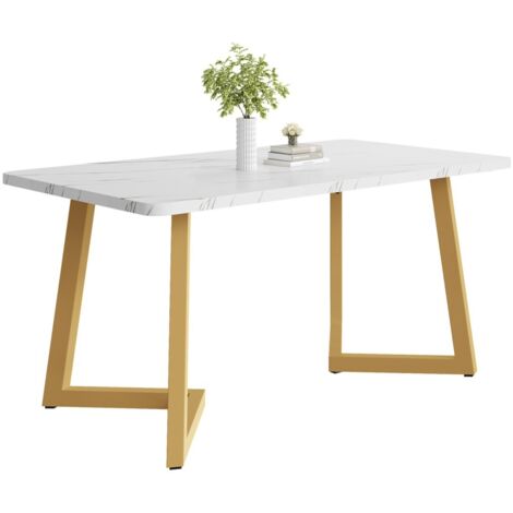 Table de salle à manger rectangulaire blanche en MDF aspect marbre – Pieds en métal doré – Dimensions 117x68cm – Style moderne (1/5)