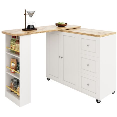 Table de bar extensible pivotante blanche - 3 tiroirs, 2 portes, roulettes - 138-209x39x106cm (1/5)