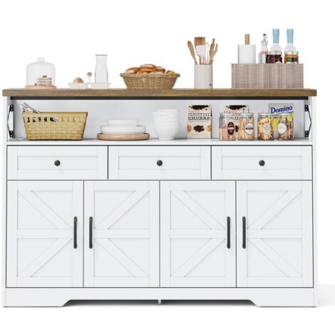 Buffet 140cm enfilade style rustique blanc/marron - 3 tiroirs, portes, rangement bar/café - Salon/cuisine (1/5)