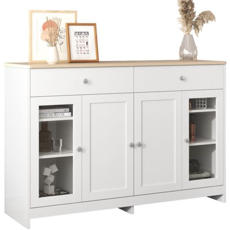 Buffet Moderne 4 Portes 2 Tiroirs Verre Blanc 120x37x80cm Salon Salle À Manger Plateau Bois Clair Enfilade Rangement Élégant (1/5)