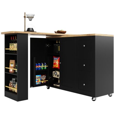 Table de bar pivotante 360° – Dimensions déplié 209x39x104 cm – MDF haute qualité – 3 tiroirs, 2 portes, roulettes flexibles (1/5)