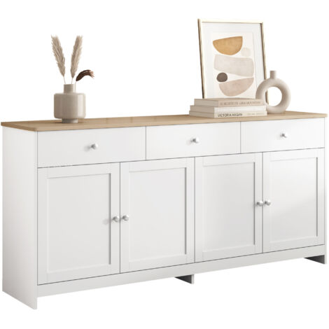 Buffet moderne 4 portes 3 tiroirs 160x37x75cm – Plateau bois clair et blanc – Élégant pour salle à manger ou salon (1/5)