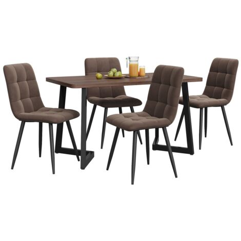 Ensemble table et chaises 5p - Table bois MDF noyer, pieds noir + 4 chaises velours marron moderne