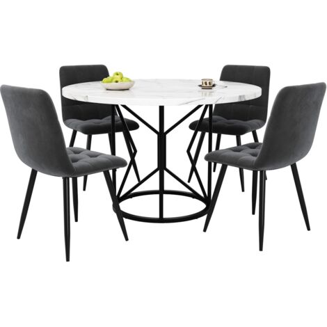 Ensemble table et chaises ronde 100cm (5 pièces) - Plateau MDF blanc - 4 chaises velours gris (1/5)