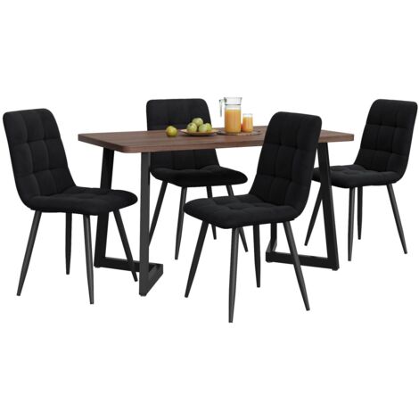 Ensemble table et chaises 5p - Table grain bois MDF noyer, pieds noir + 4 chaises velours noir moderne (1/5)