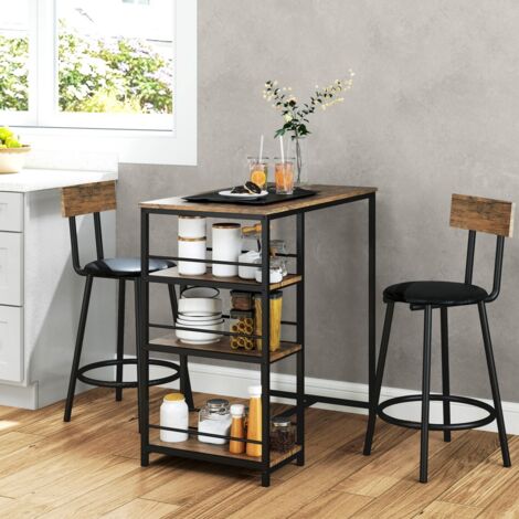 Ensemble table et chaises de bar 3p - Table acier + 2 tabourets, 3 étagères chêne, style moderne (1/5)