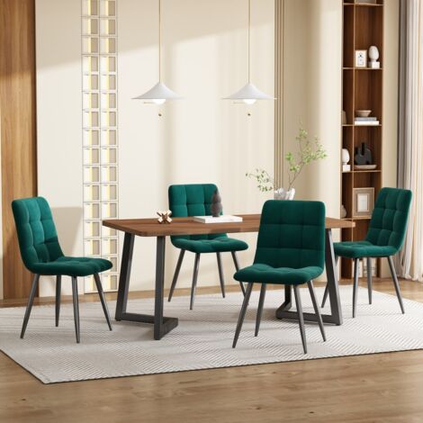 Ensemble table et chaises 5p - Table grain de bois MDF noyer, pieds noir + 4 chaises velours vert foncé (1/5)