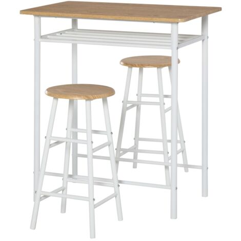 Ensemble table de bar 80x50x90cm (3 pièces) - MDF/acier blanc + chêne - 2 tabourets avec étagère (1/5)